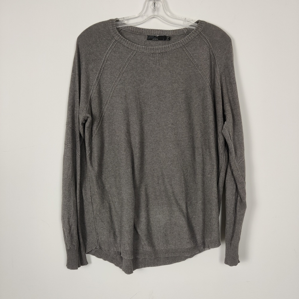 Prana Gray Long Sleeve Knit Sweater Women's Size Large Asymmetric Hem Cotton